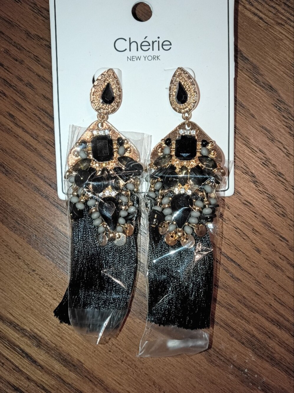 Gold & Black Beaded Tassel Drop Earrings